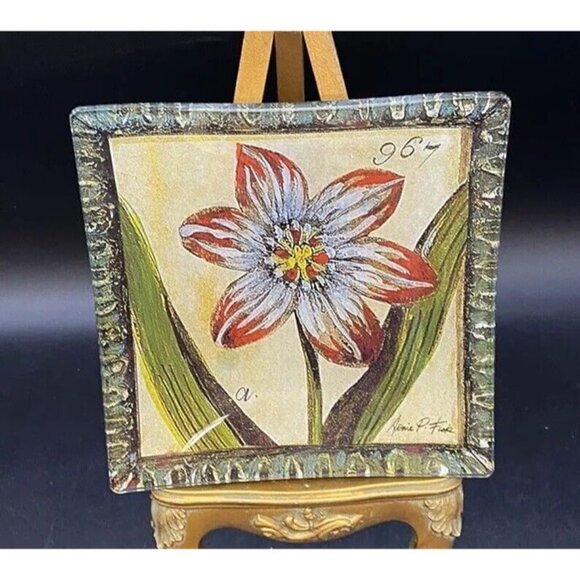 Arnie P Fisk Flower Still Glass Trinket Dish 6” Square - Picture 3 of 8